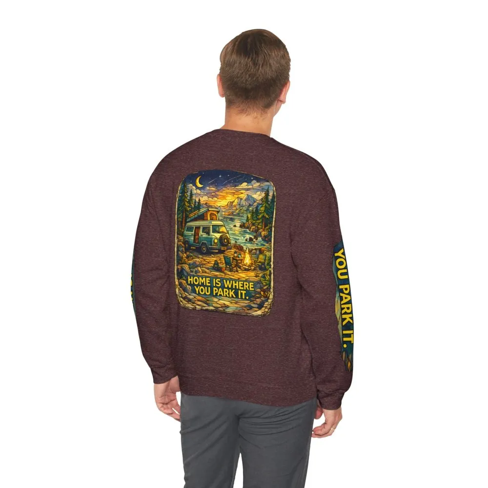Unisex Heavy Blend™ Crewneck Sweatshirt — "Home Is Where You Park It" Design Cubic-Line
