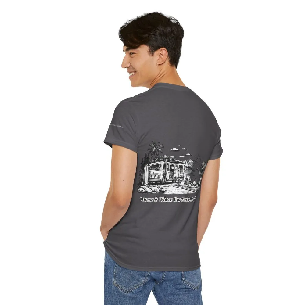 Unisex Heavy Cotton Tee — "Home Is Where You Park It" Design Minimal-Line