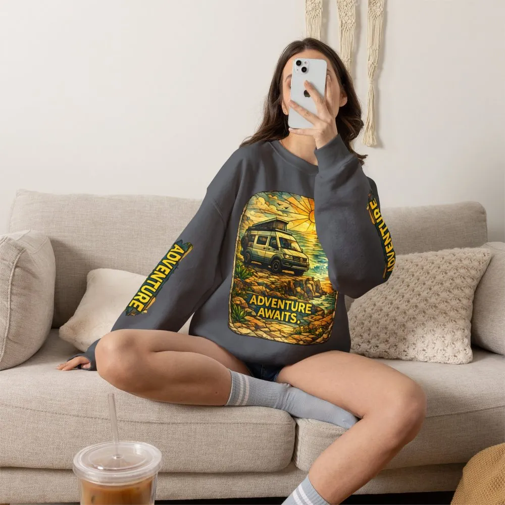 17086277091174526229_2048.jpeg Unisex Heavy Blend™ Crewneck Sweatshirt — "Adventure Awaits" Design Cubic-Line