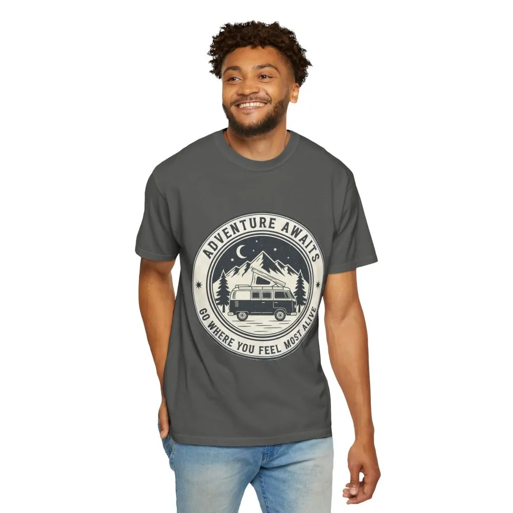 T-Shirt — "Adventure Awaits-Go Where You Feel Most Alive" (Front + Back Printed) Outdoor Travel Tee