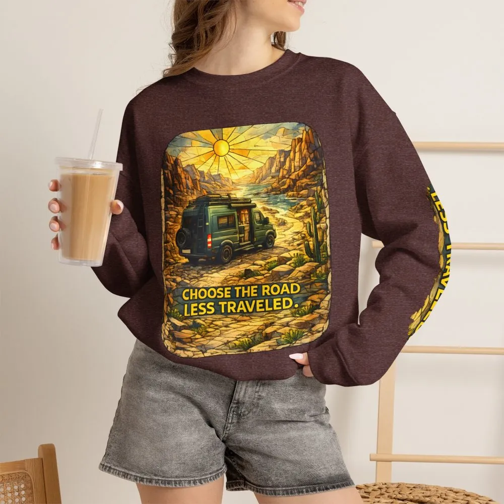 Unisex Heavy Blend™ Crewneck Sweatshirt — "Choose The Road Less Traveled" Design Cubic-Line