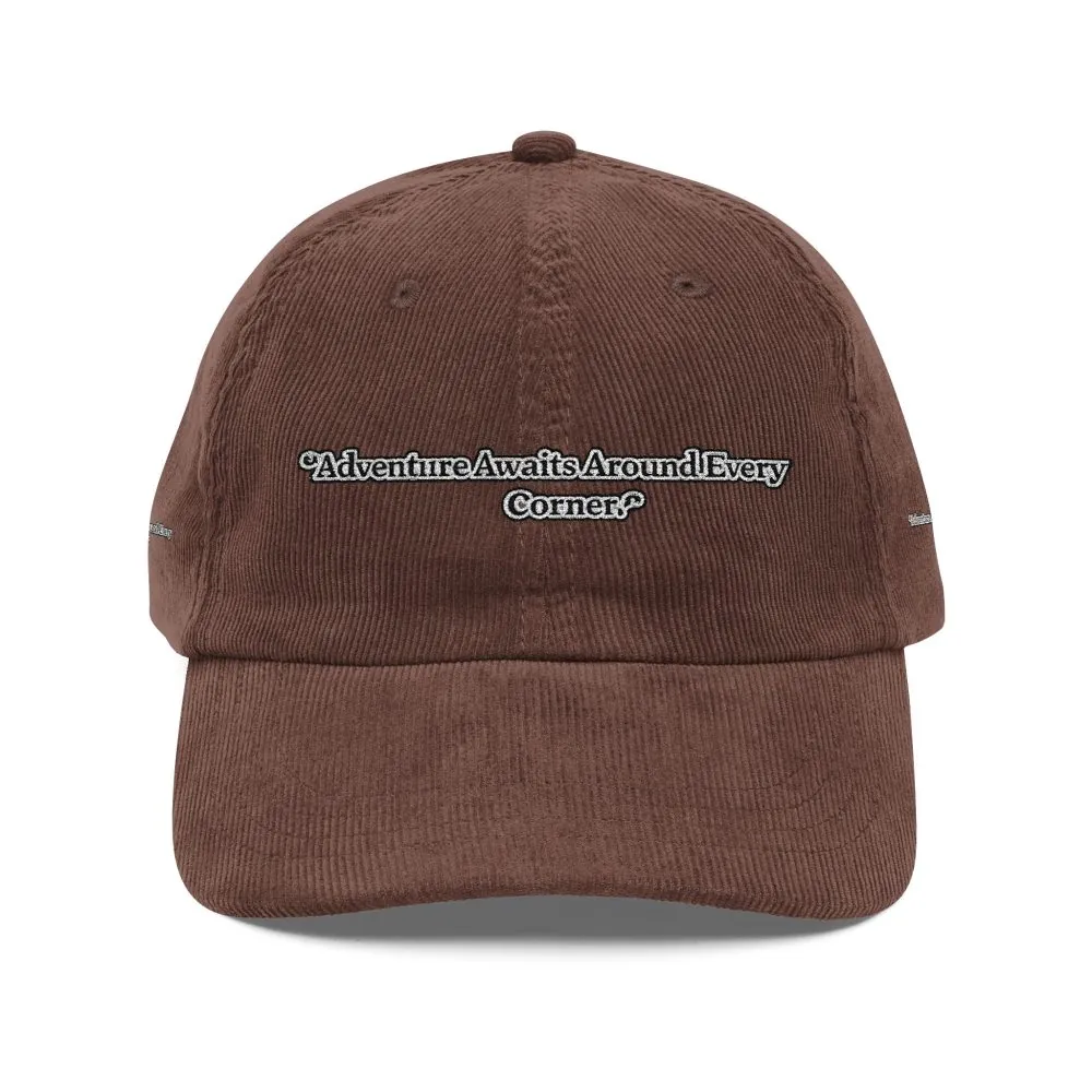Vintage Corduroy Cap (Embroidery) — "Adventure Awaits Around Every Corner" Embroidered Hat