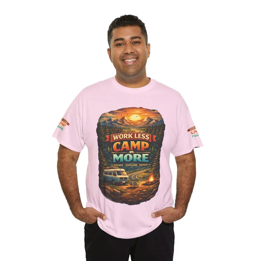 Unisex Heavy Cotton Tee — "Work Less Camp More" Design Scenic-Line