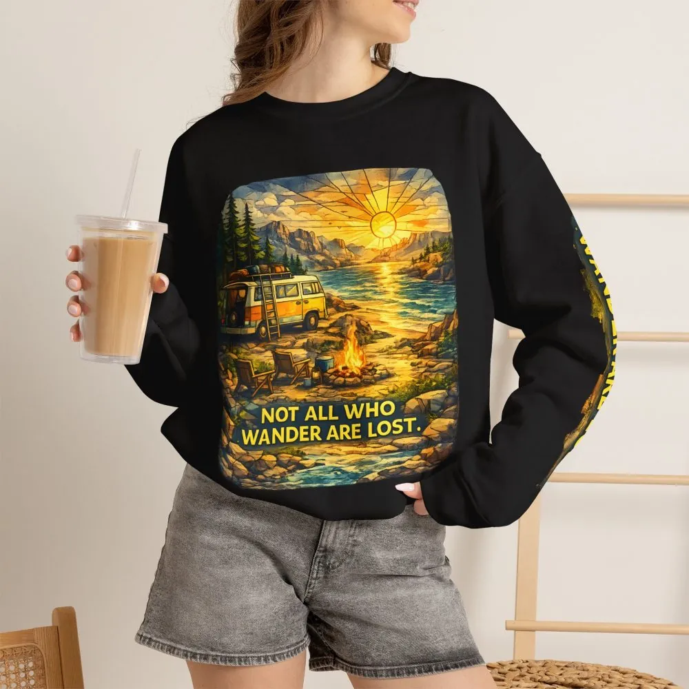 Unisex Heavy Blend™ Crewneck Sweatshirt — "Not All Who Wander Are Lost" Design Cubic-Line