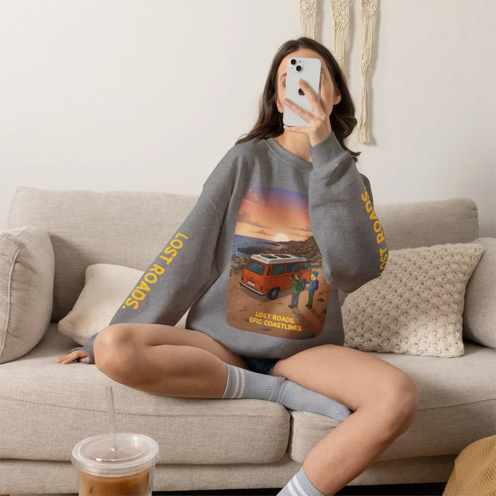 Unisex Heavy Blend™ Crewneck Sweatshirt — "Lost Roads Epic Coastlines" Design Sitcom-Line