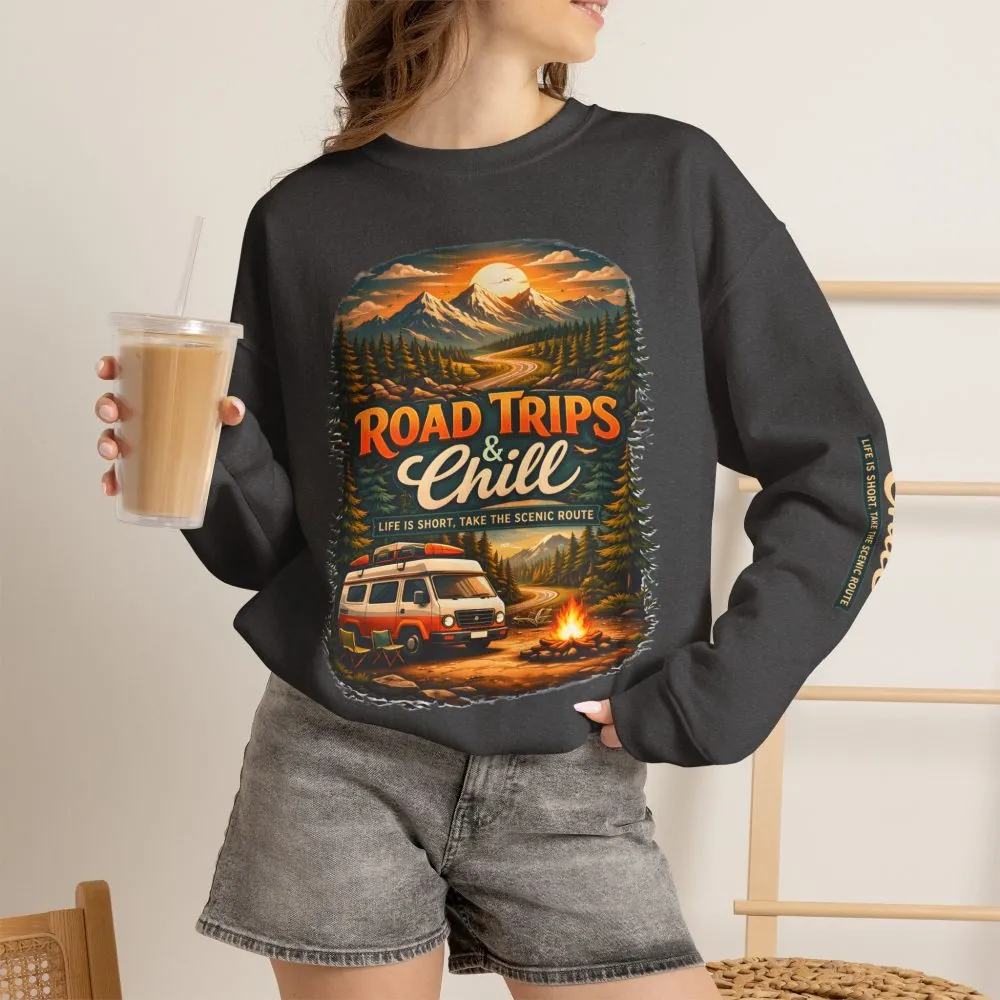 Unisex Heavy Blend™ Crewneck Sweatshirt — "Road Trips & Chill" Design Scenic-Line