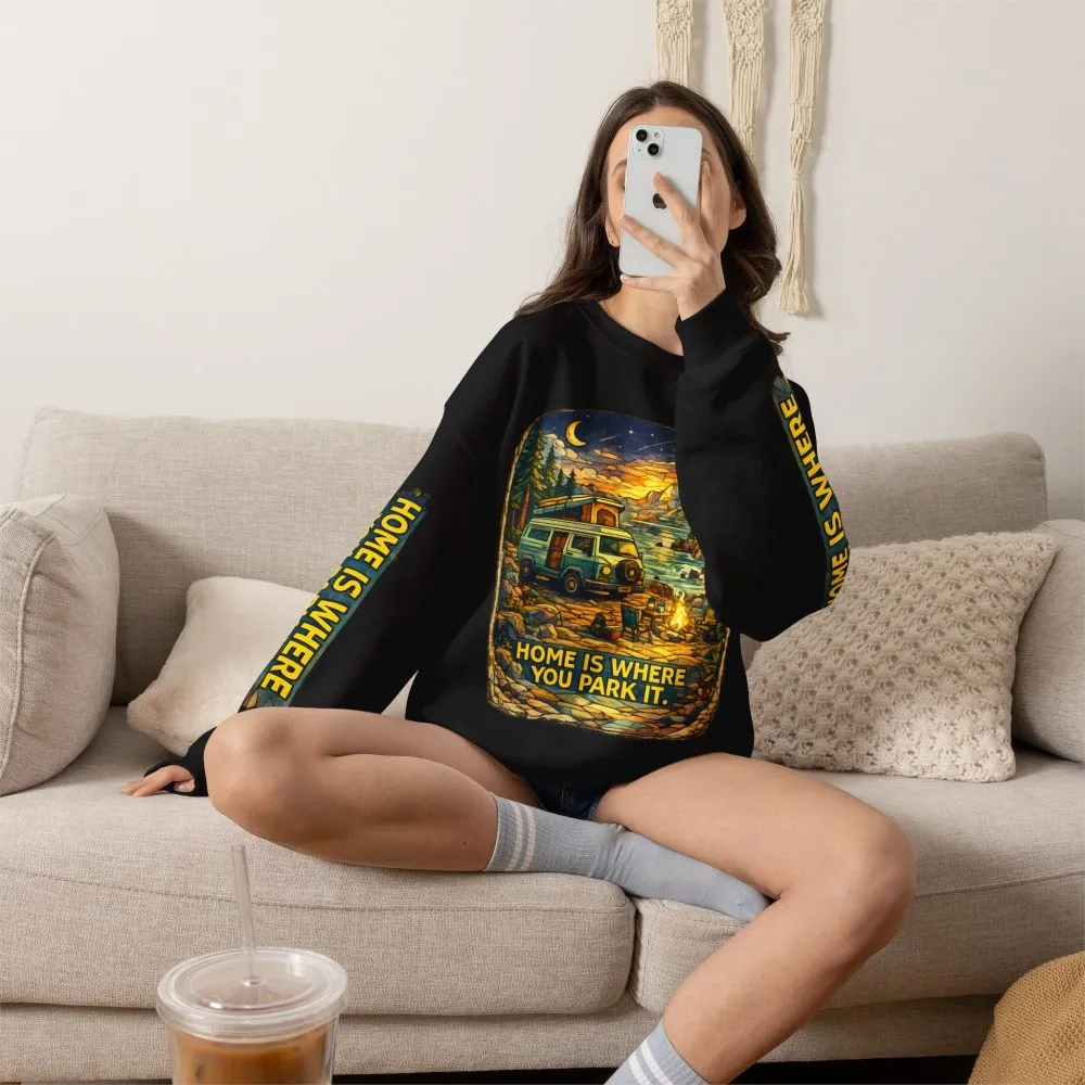 Unisex Heavy Blend™ Crewneck Sweatshirt — "Home Is Where You Park It" Design Cubic-Line