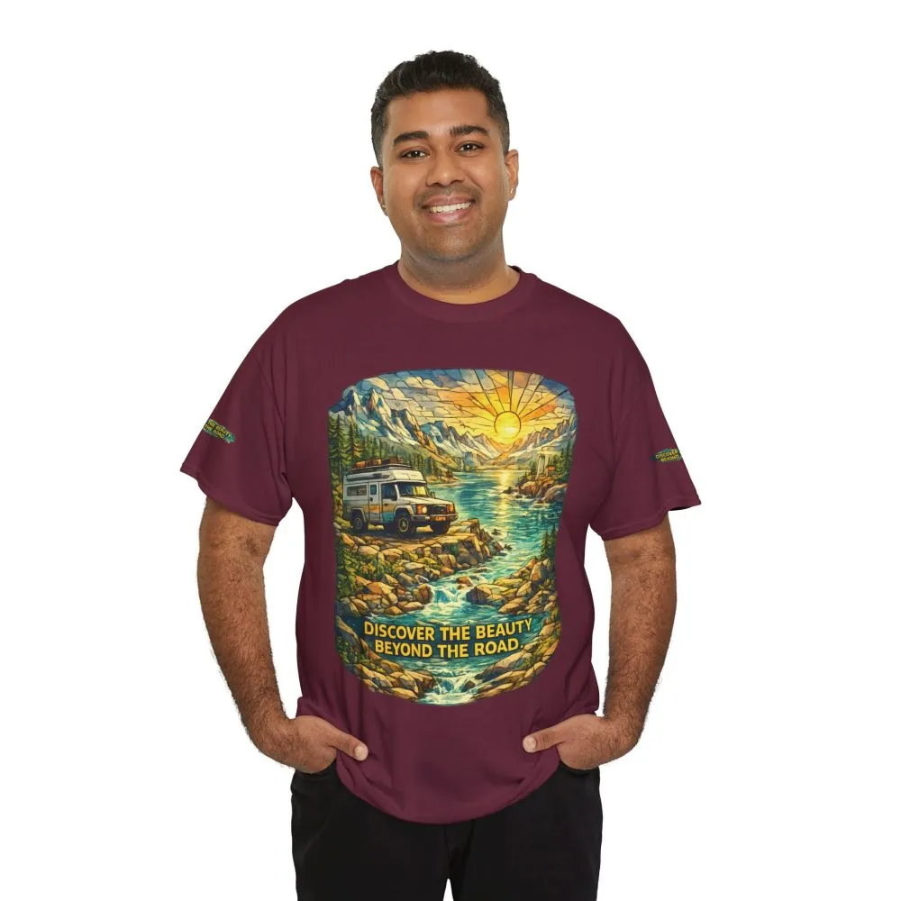 Unisex Heavy Cotton Tee — "Discover The Bieuty Beyond The Road" Design Cubic-Line