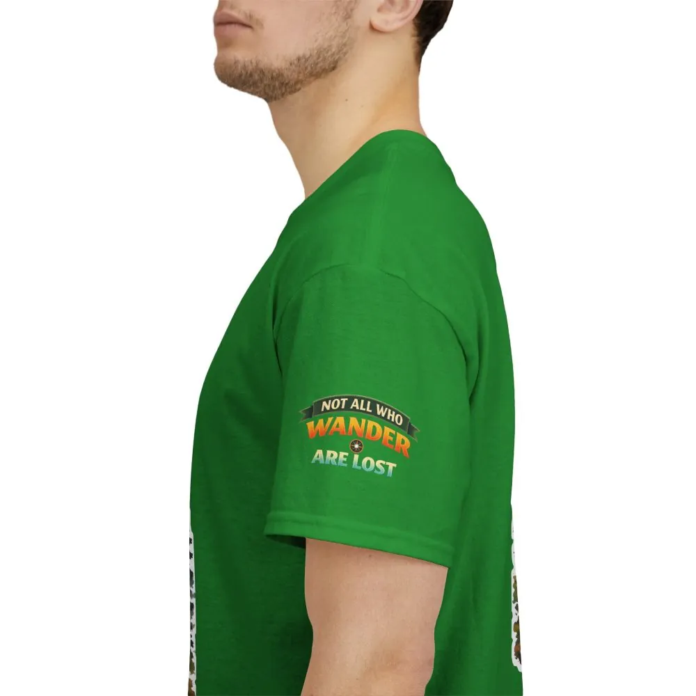 Unisex Heavy Cotton Tee — "Not All Who Wander Are Lost" Design Scenic-Line