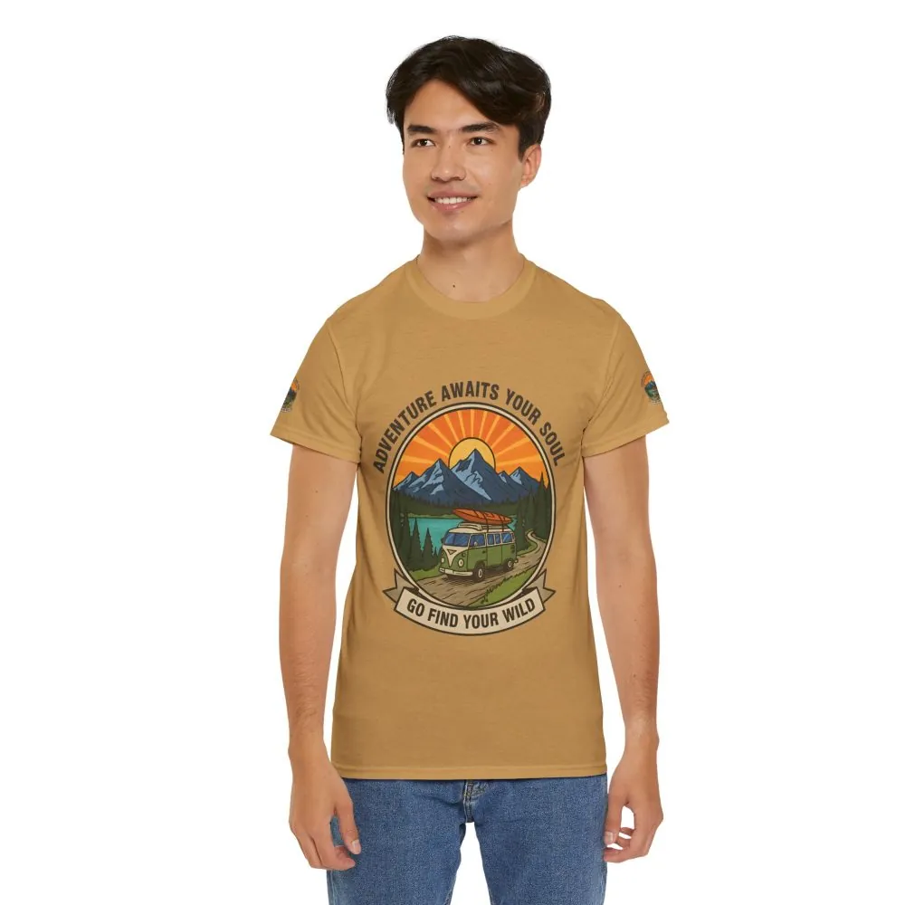 Unisex Heavy Cotton Tee — “Adventure Awaits Your Soul: Go Find Your Wild” Van & Mountain Graphic