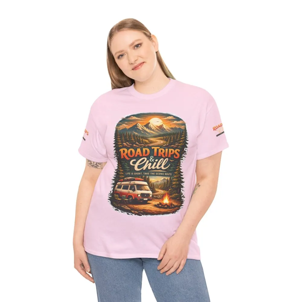 Unisex Heavy Cotton Tee — "Road Trips & Chill" Design Scenic-Line