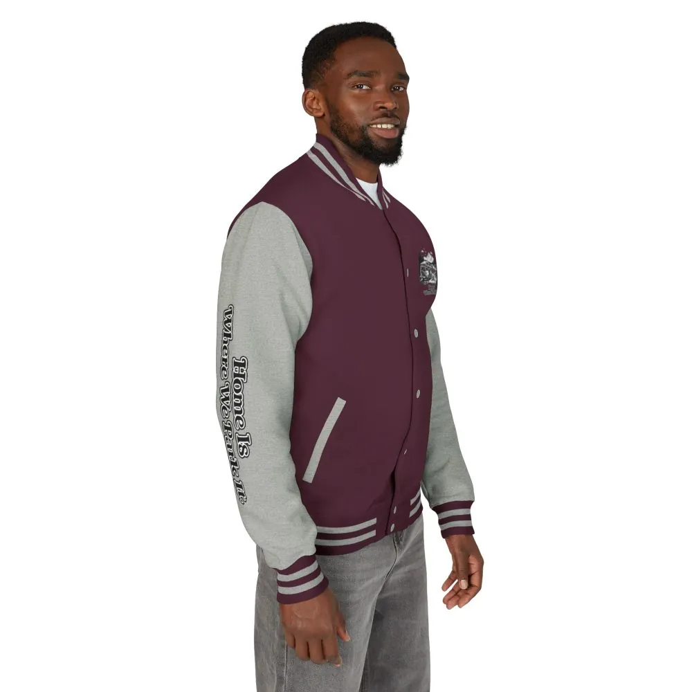 Unisex Heavyweight Letterman Jacket — "Home Is Where You Park It" Travel Varsity Coat