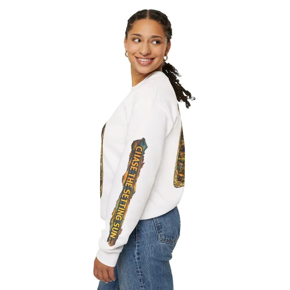 Unisex Heavy Blend™ Crewneck Sweatshirt — "Chase The Settings Sun" Design Cubic-Line
