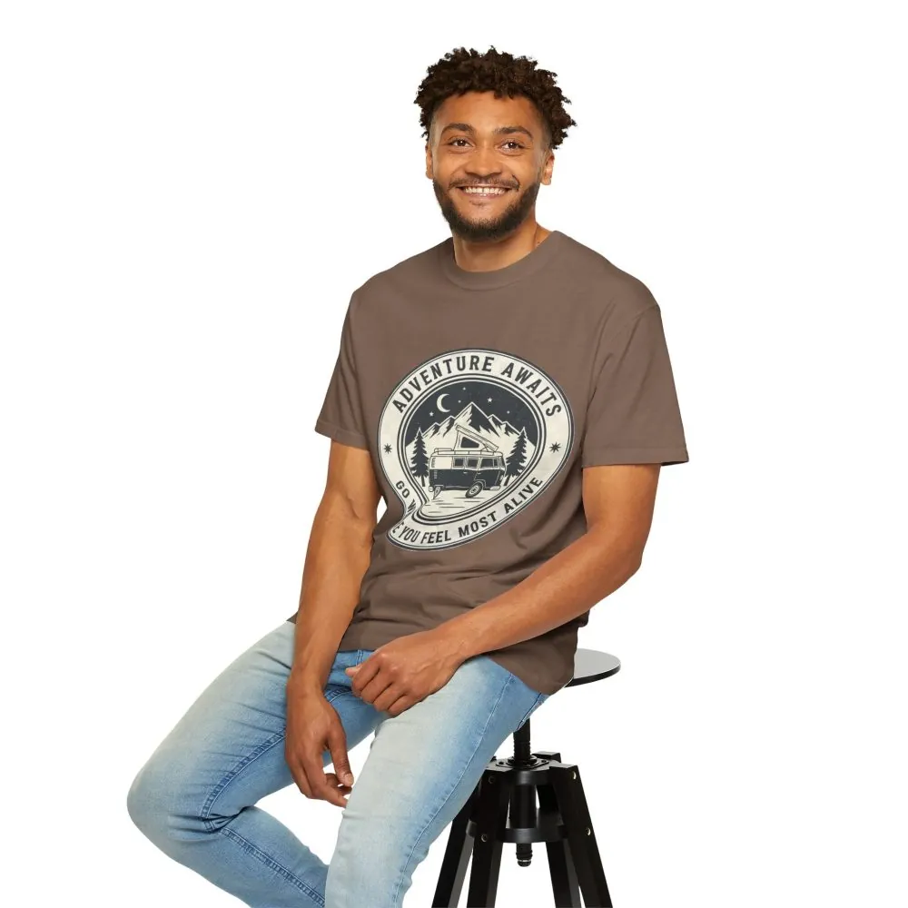 T-Shirt — "Adventure Awaits-Go Where You Feel Most Alive" (Only Front Printed) Outdoor Travel Tee
