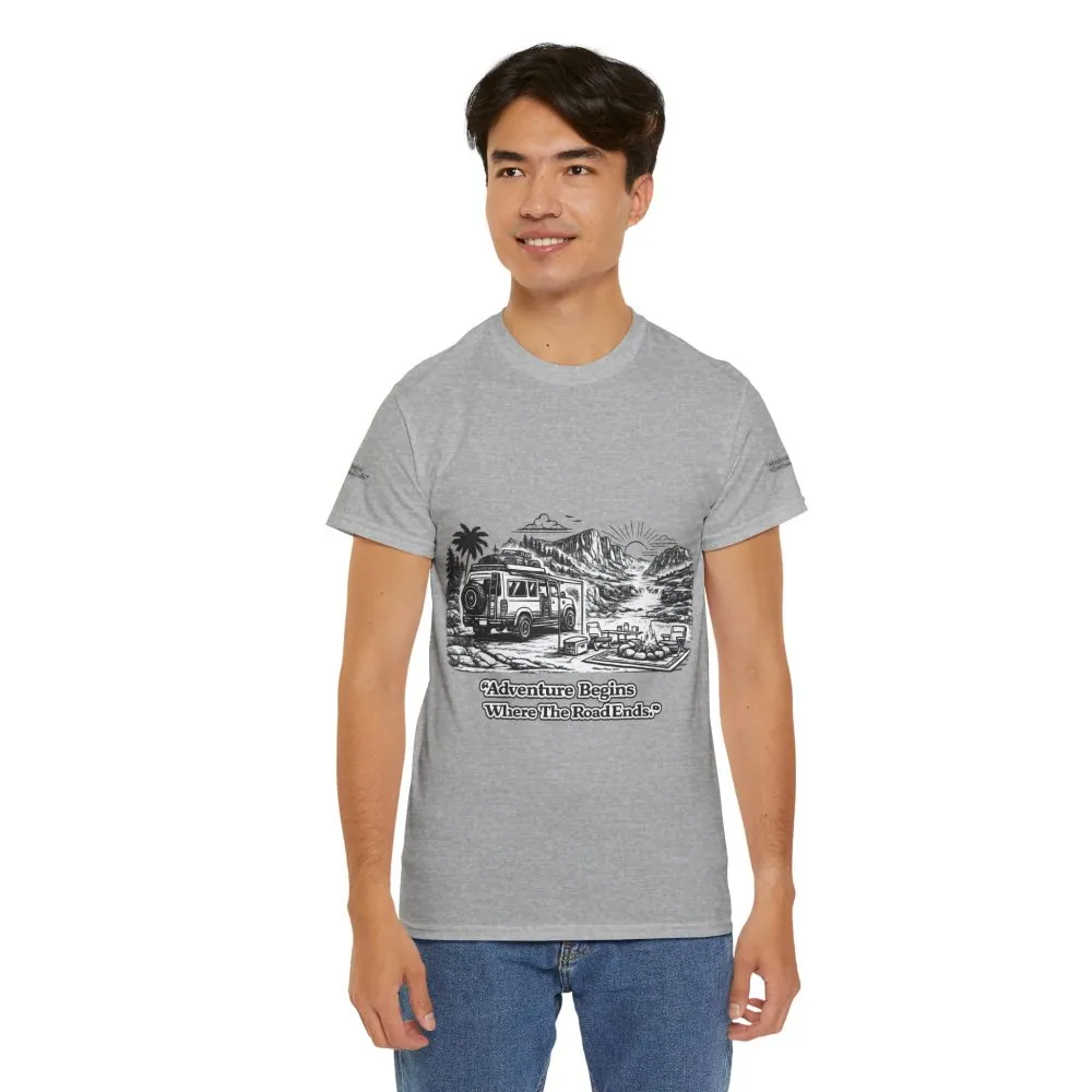 Unisex Heavy Cotton Tee — "Adventure Begins Where The Road Ends" Design Minimal-Line