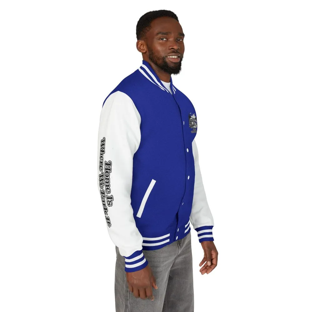 Unisex Heavyweight Letterman Jacket — "Home Is Where You Park It" Travel Varsity Coat