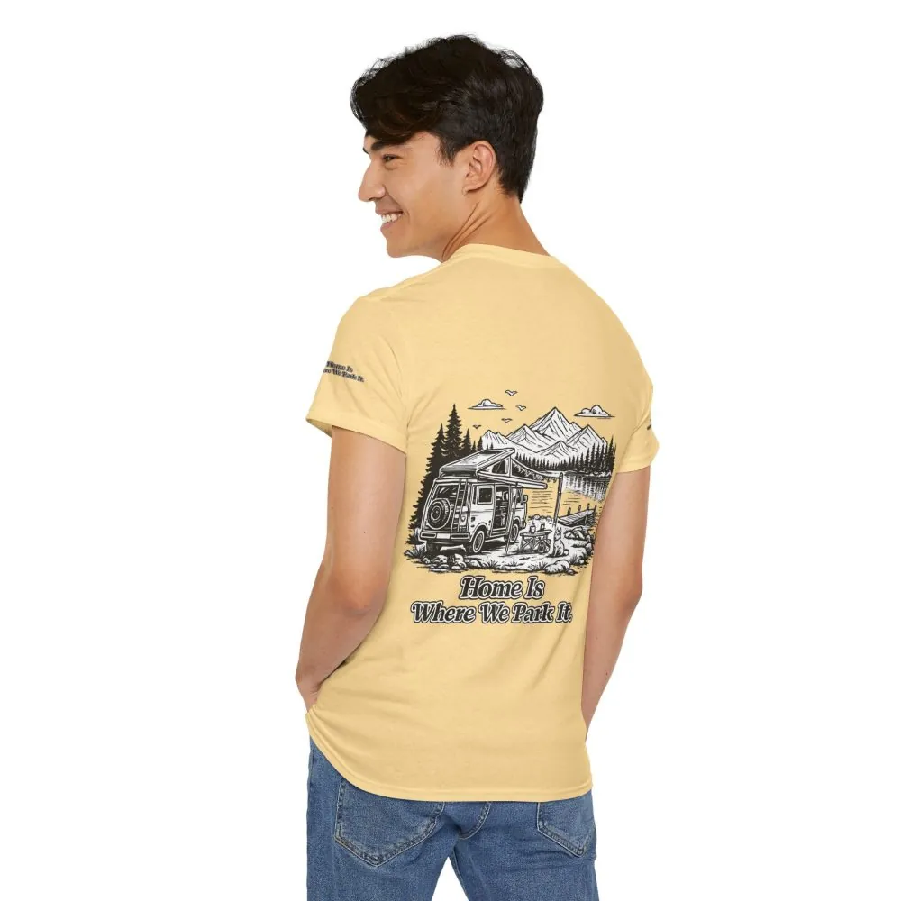17289516903570406526_2048.jpeg Unisex Heavy Cotton Tee — "Home Is Where You Park It" Design Minimal-Line