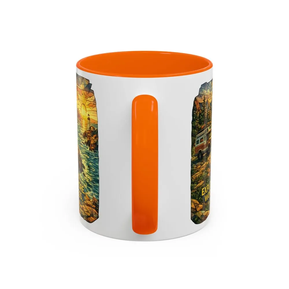 Accent Coffee Mug (11, 15oz) — "Explore More Worry Less" Design Cubic-Line