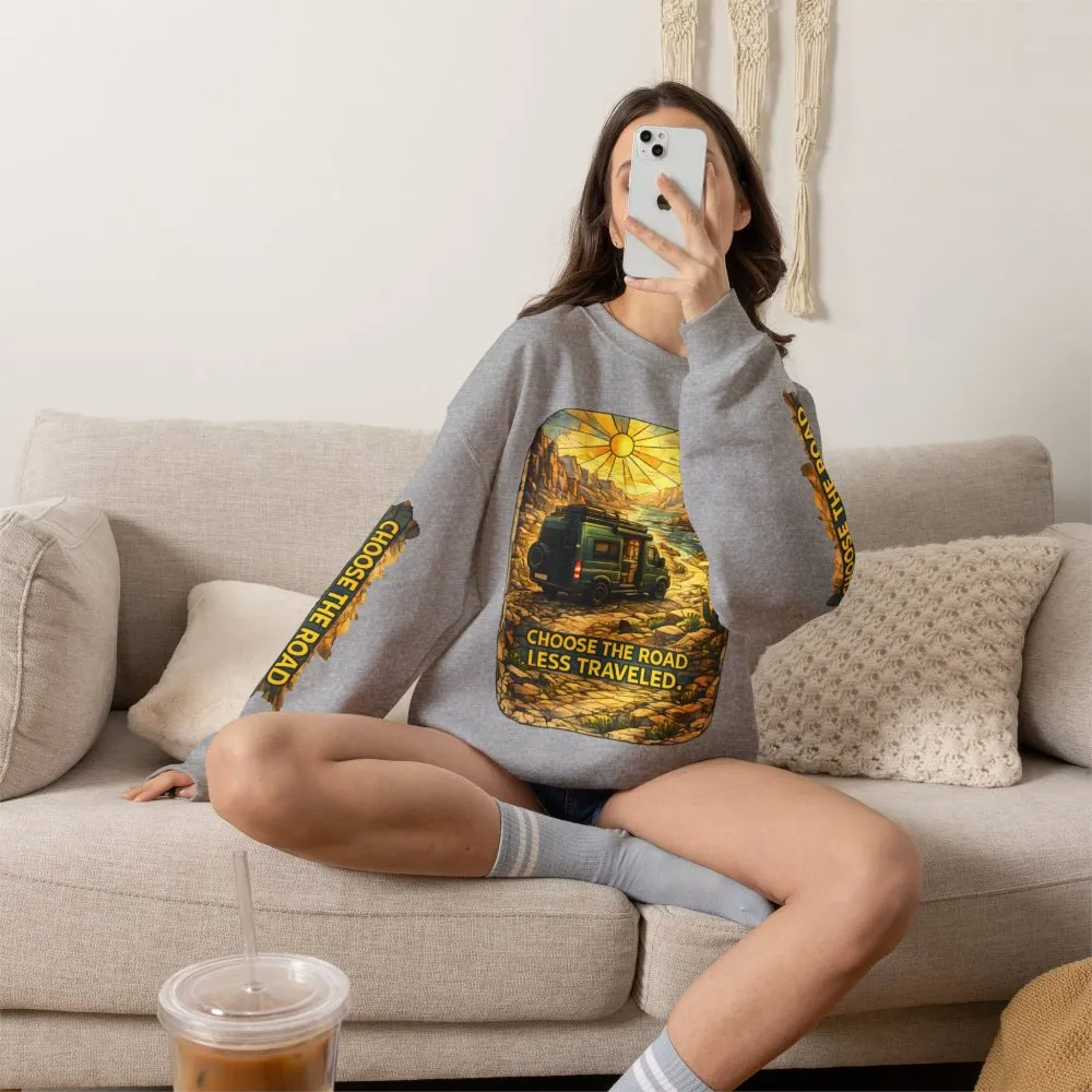 Unisex Heavy Blend™ Crewneck Sweatshirt — "Choose The Road Less Traveled" Design Cubic-Line