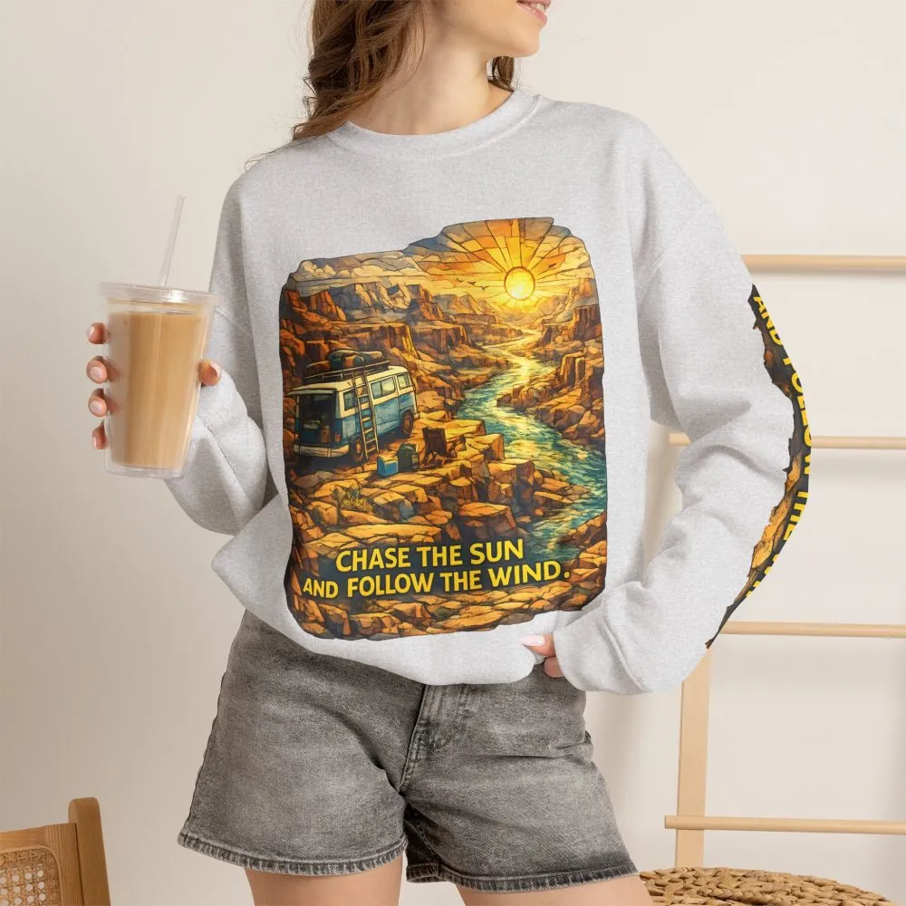 Unisex Heavy Blend™ Crewneck Sweatshirt — "Chase The Sun And Follow The Wind" Design Cubic-Line