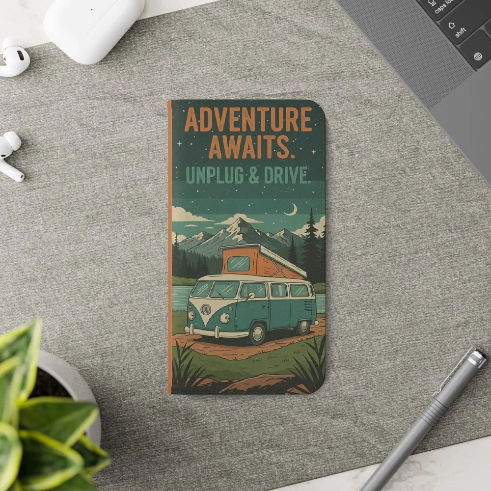 Flip Phone Case — "Adventure Awaits Unplug & Drive" Wallet Case