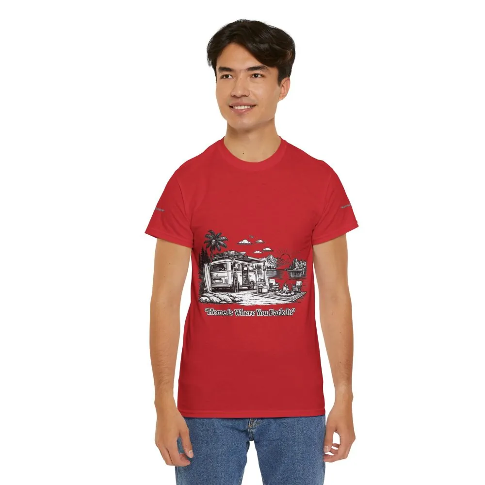 Unisex Heavy Cotton Tee — "Home Is Where You Park It" Design Minimal-Line