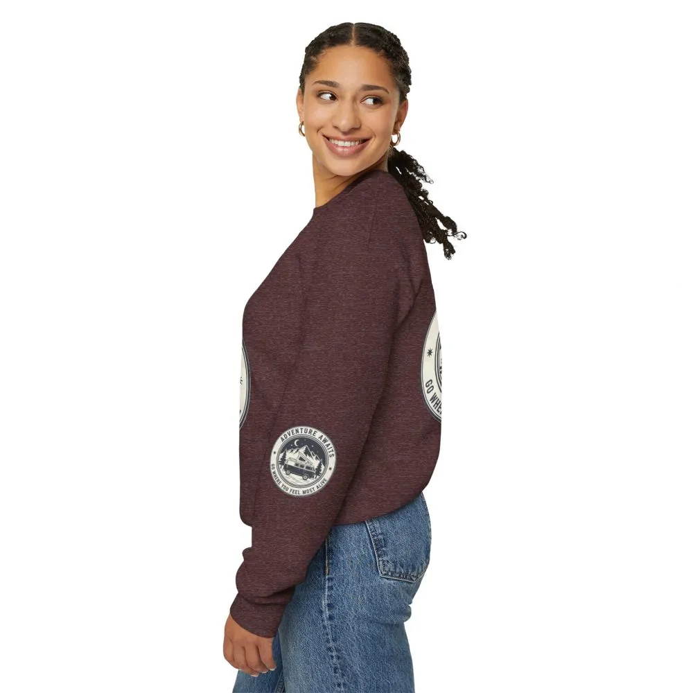Crewneck Sweatshirt — "Adventure Awaits-Go Where You Feel Most Alive" (Font + Back + Sleaves printed) Vintage Camper Van Outdoor Graphic