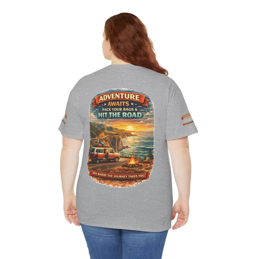 Unisex Heavy Cotton Tee — "Adventure Awaits-Pack Your Bags" Design Scenic-Line