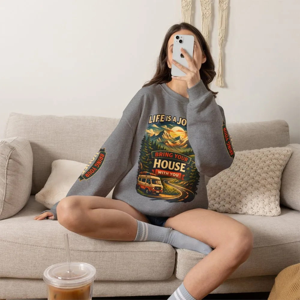 Unisex Heavy Blend™ Crewneck Sweatshirt — "Live Is A Journey-Bring Your House With You" Design Scenic-Line