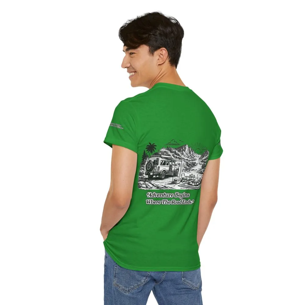 Unisex Heavy Cotton Tee — "Adventure Begins Where The Road Ends" Design Minimal-Line