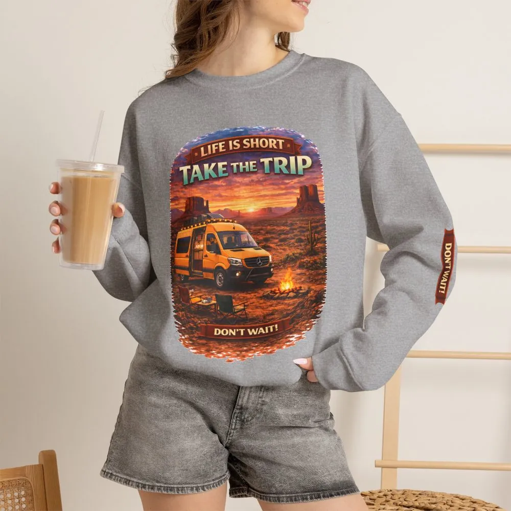 Unisex Heavy Blend™ Crewneck Sweatshirt — "Live Is Short Take The Trip" Design Scenic-Line