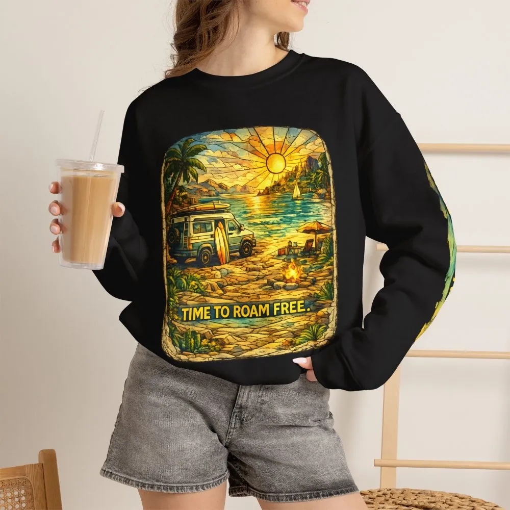 Unisex Heavy Blend™ Crewneck Sweatshirt — "Time To Roam Free" Design Cubic-Line