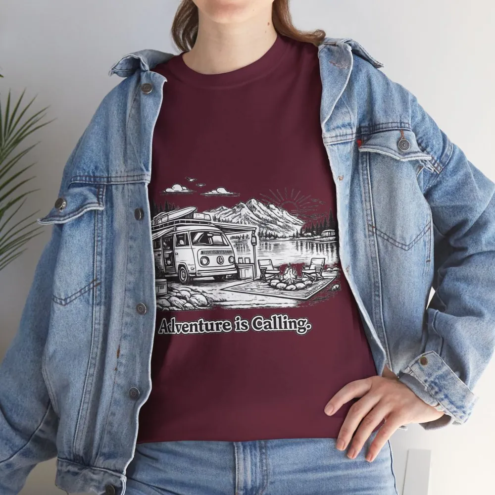 Unisex Heavy Cotton Tee — "Adventure Is Calling" Design Minimal-Line