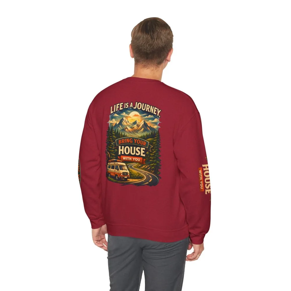 Unisex Heavy Blend™ Crewneck Sweatshirt — "Live Is A Journey-Bring Your House With You" Design Scenic-Line