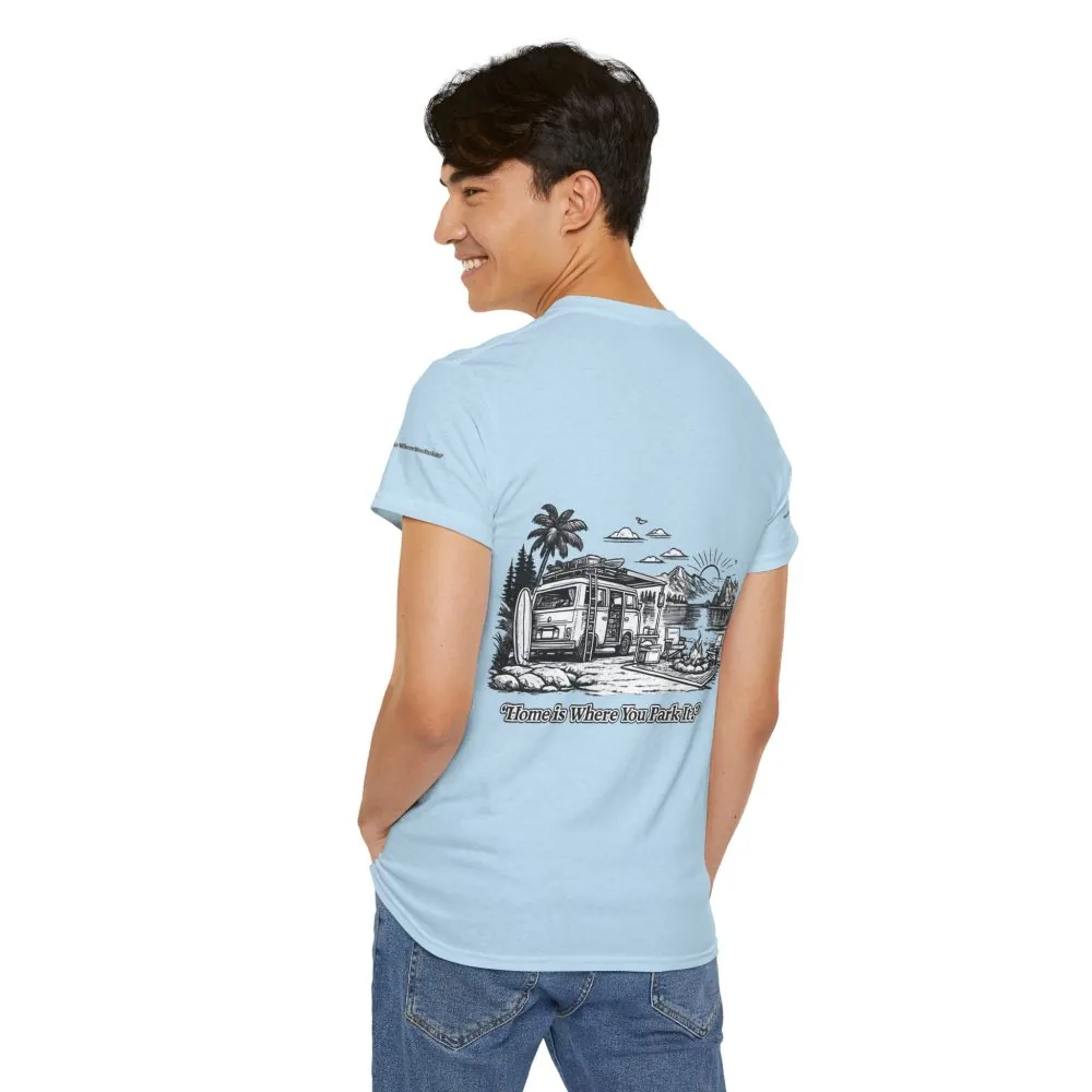 Unisex Heavy Cotton Tee — "Home Is Where You Park It" Design Minimal-Line