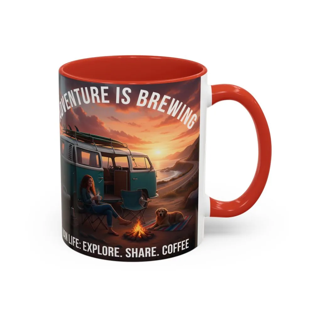 Accent Coffee Mug (11, 15oz) — "Adventure is brewing"