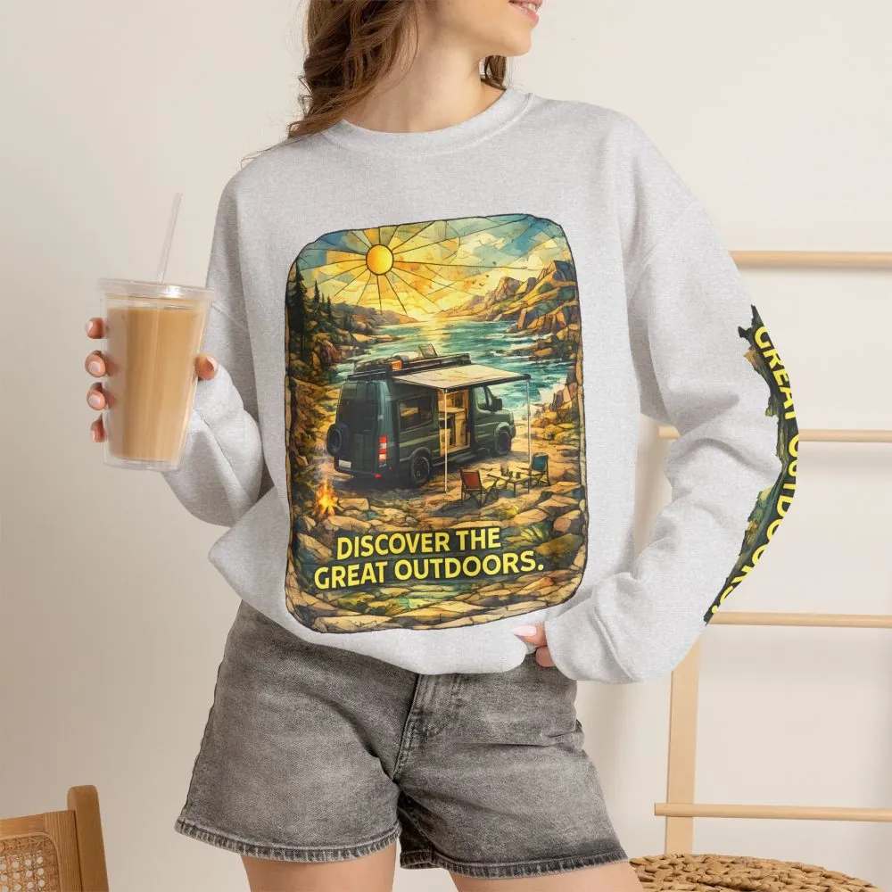 Unisex Heavy Blend™ Crewneck Sweatshirt — "Discover The Great Outdoors" Design Cubic-Line