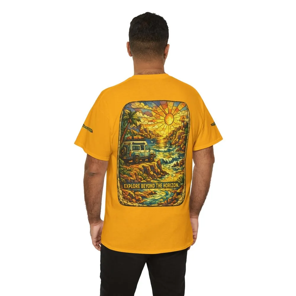 Unisex Heavy Cotton Tee — "Explore Beyond The Horizon" Design Cubic-Line