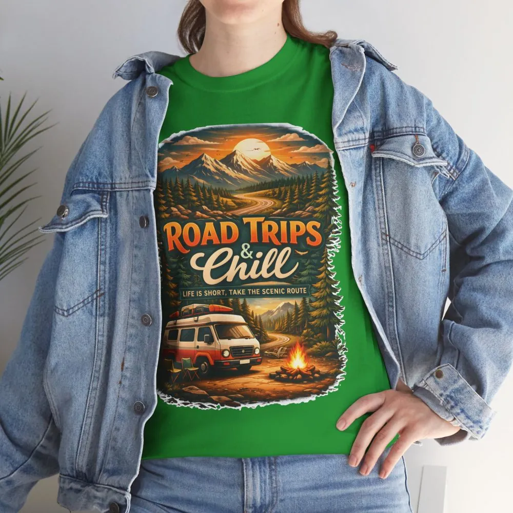 Unisex Heavy Cotton Tee — "Road Trips & Chill" Design Scenic-Line
