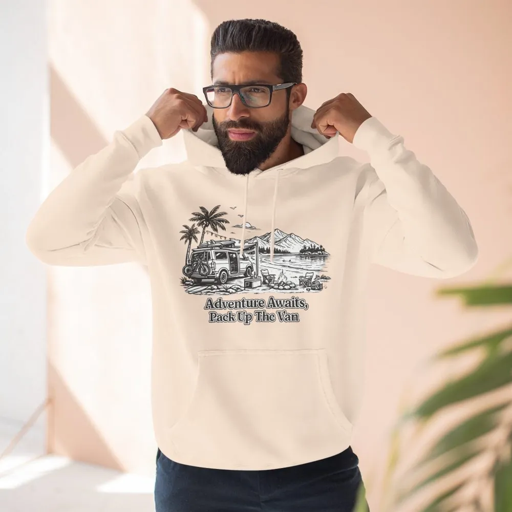 Three-Panel Fleece Hoodie - "Adventure Awaits,Pack Up The Van" Design Minimal-Line