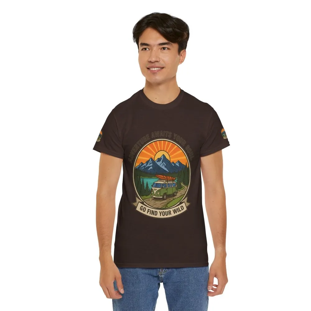 Unisex Heavy Cotton Tee — “Adventure Awaits Your Soul: Go Find Your Wild” Van & Mountain Graphic
