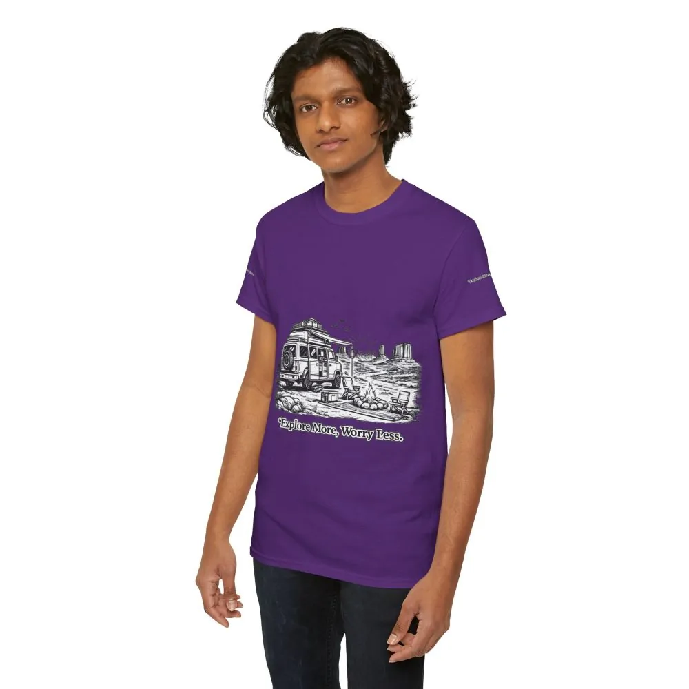 Unisex Heavy Cotton Tee — "Explore More Worry Less" Design Minimal-Line