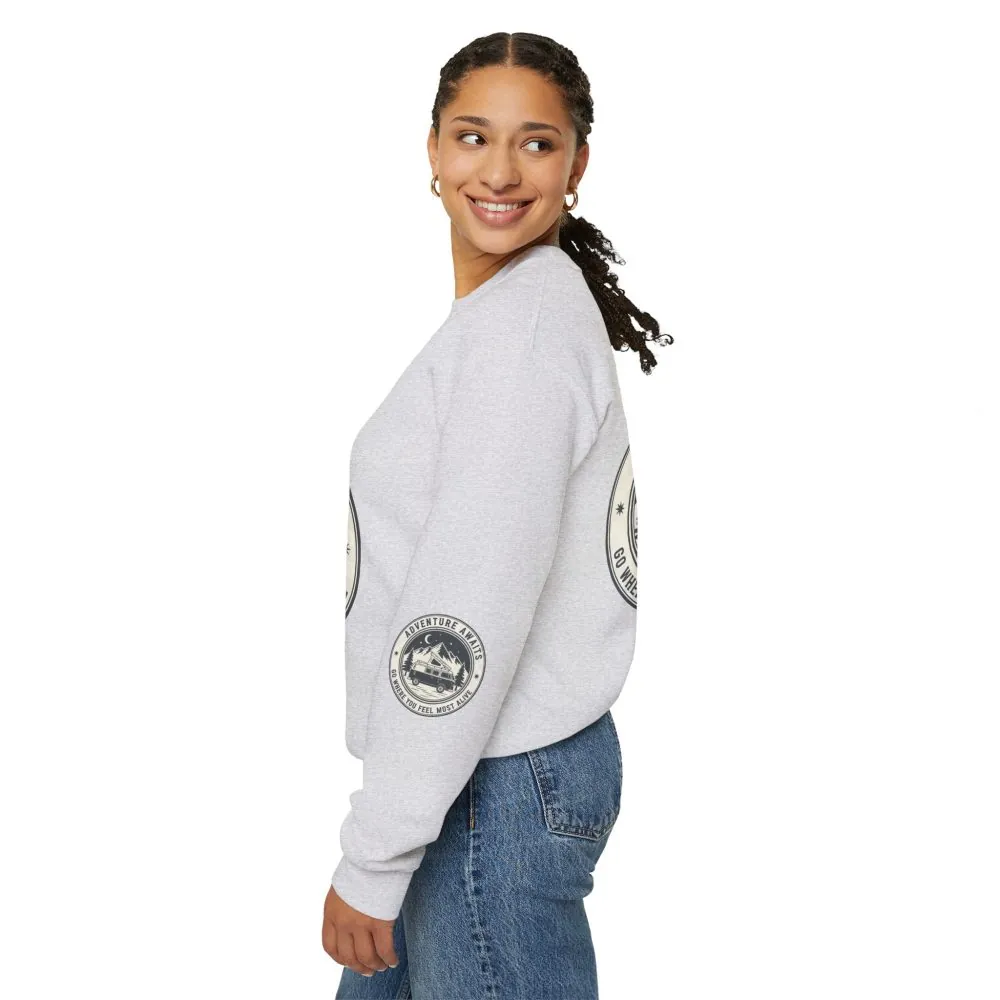 Crewneck Sweatshirt — "Adventure Awaits-Go Where You Feel Most Alive" (Font + Back + Sleaves printed) Vintage Camper Van Outdoor Graphic