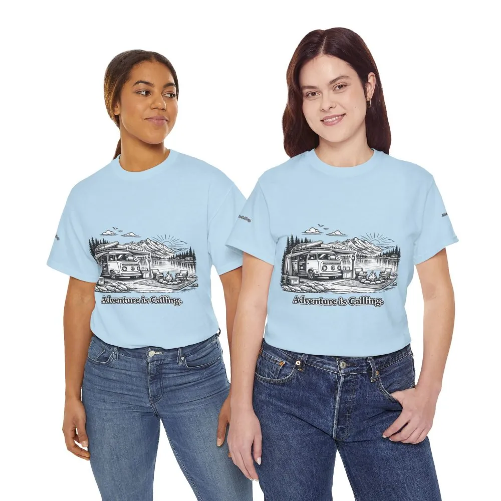 Unisex Heavy Cotton Tee — "Adventure Is Calling" Design Minimal-Line