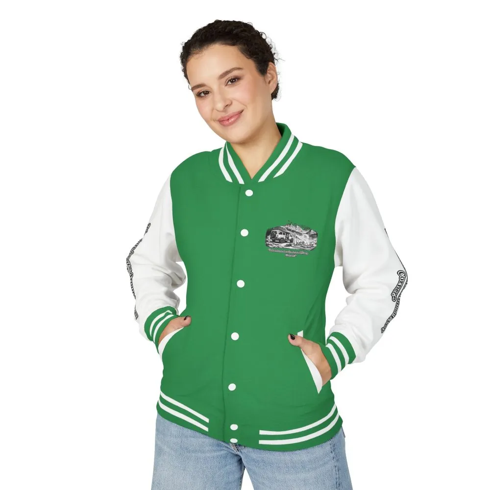 Unisex Heavyweight Letterman Jacket — "Adventure Awaits Around Every Corner" Travel Varsity Coat