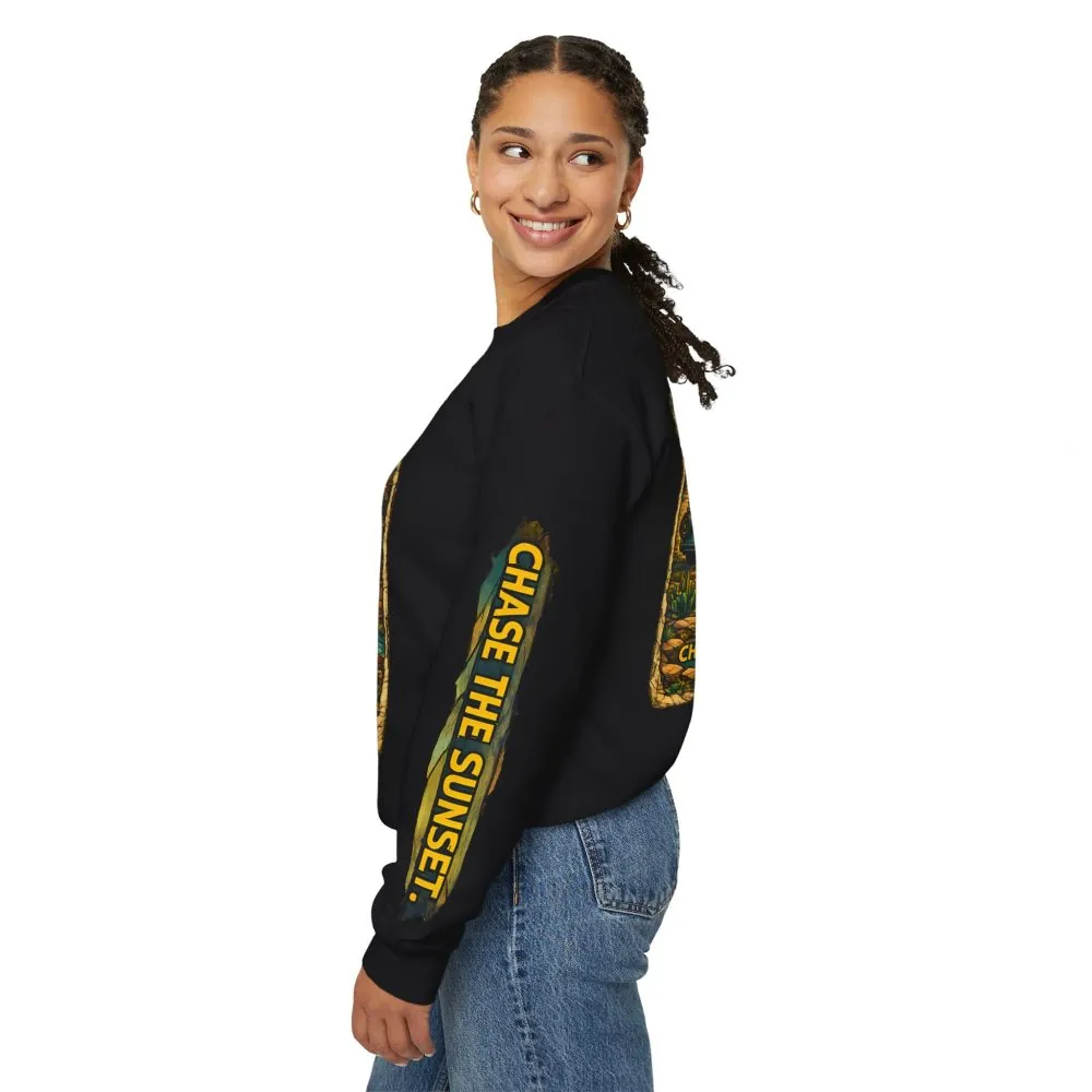 Unisex Heavy Blend™ Crewneck Sweatshirt — "Chase The Sunset" Design Cubic-Line