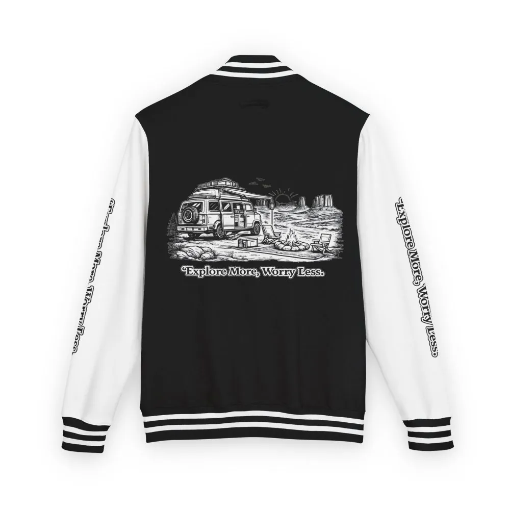 Unisex Heavyweight Letterman Jacket — "Explore More Worry Less" Travel Varsity Coat