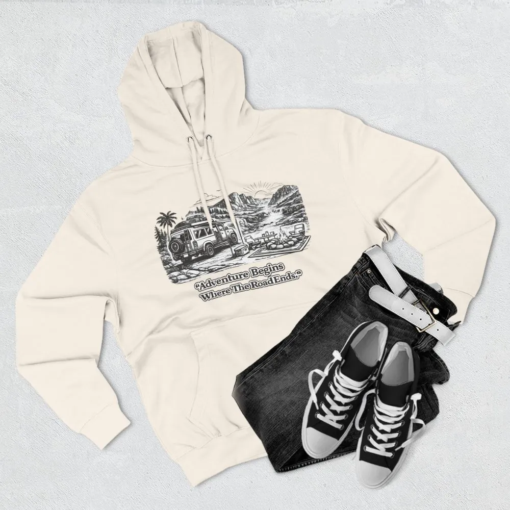 17555311033994366436_2048.jpeg Three-Panel Fleece Hoodie - "Adventure Begins Where The Road Ends" Design Minimal-Line