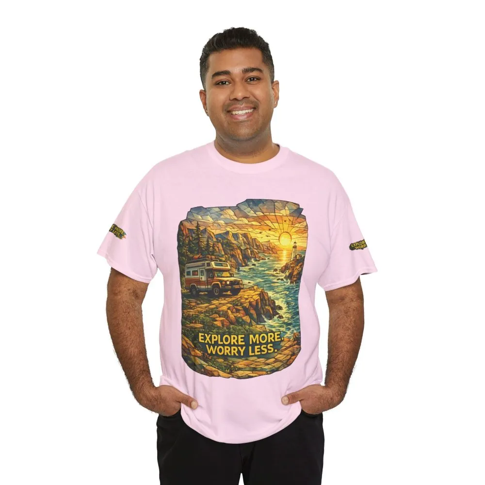 17562764327857933626_2048.jpeg Unisex Heavy Cotton Tee — "Explore More Worry Less" Design Cubic-Line