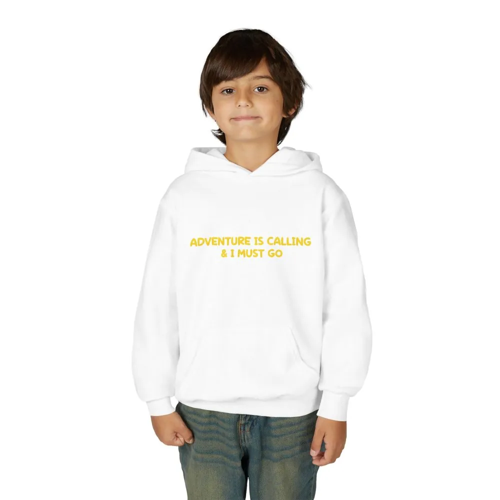Youth Hoodie(Gildan) – "Adventure Is Calling-I Must Go" (Design Sitcom-Line)